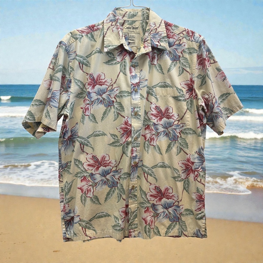Cooke Street Honolulu Hawaiian Aloha Shirt L Cotton  Tropical Cream‎ Vtg 90s-Y2K